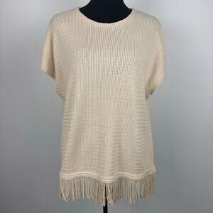 Chicos Pullover Short DLMN Sleeve Knit Sweater Tee w/ Fringe Sand Cream Plus XL